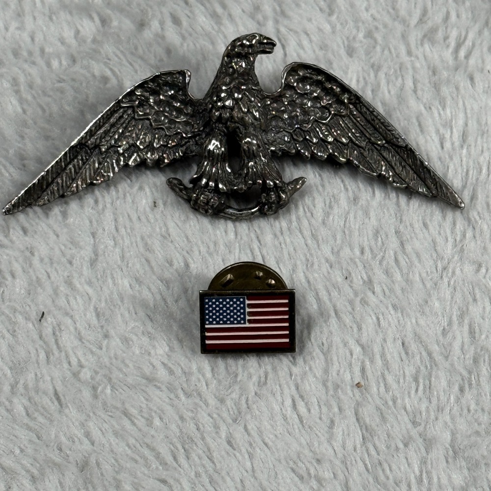 Zentall Eagle Brooch & Flag Pin Set Silver Patriotic‎ Americana Vintage